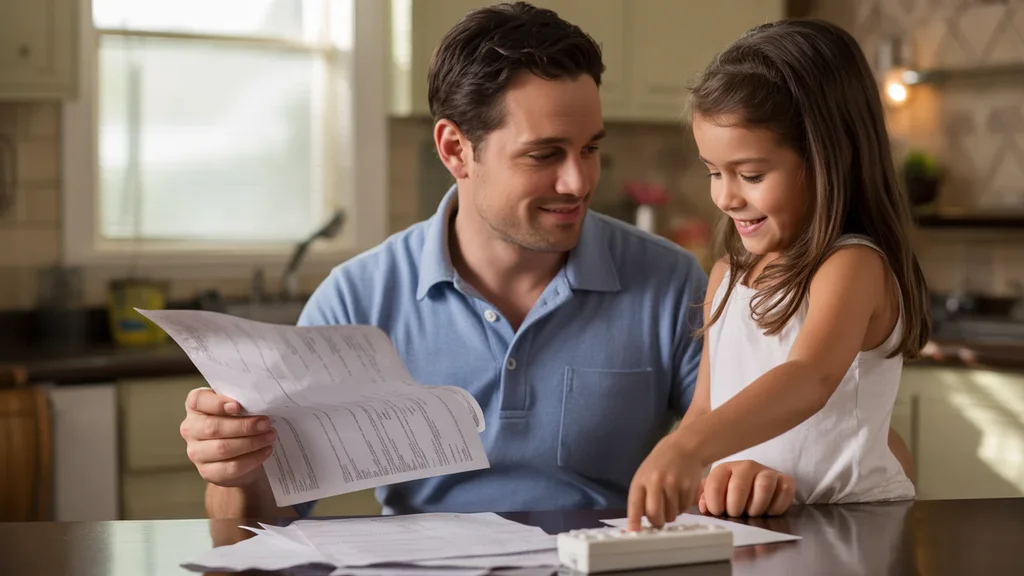 Father and daughter in kitchen reviewing utility bills, The Woodlands TX