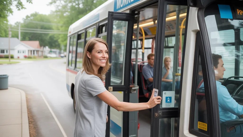 Woman boarding nearly empty city bus on sunny morning in Monroe, NC