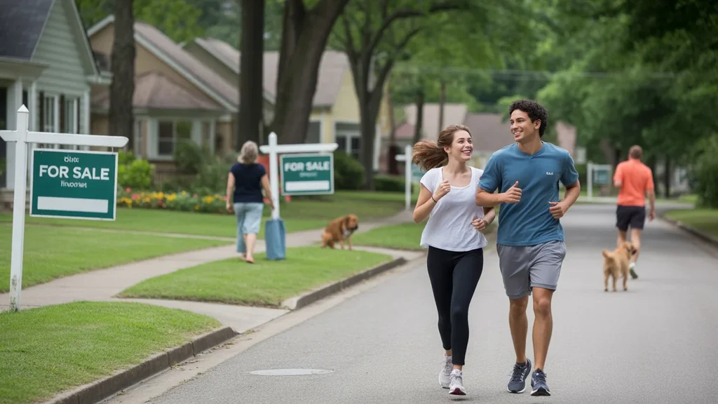 A couple jogging past suburban homes for sale in Marietta, GA on a sunny morning