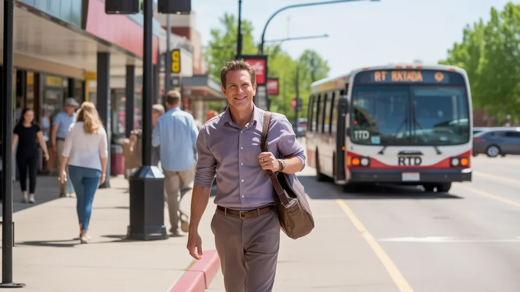 A man exits an RTD bus at a suburban shopping center in Arvada, Colorado