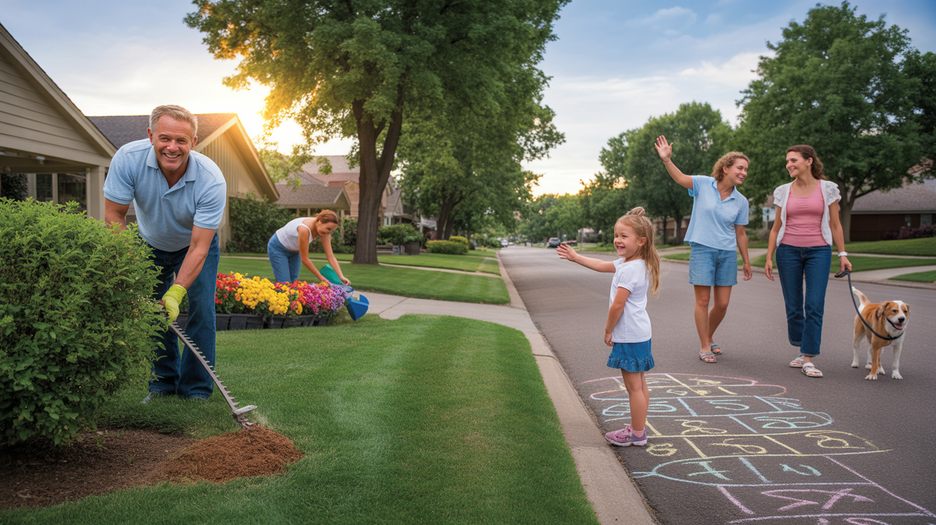 A man trimming hedges and a woman watering flowers in their Northglenn front yard as their daughter plays nearby, capturing the community vibe.