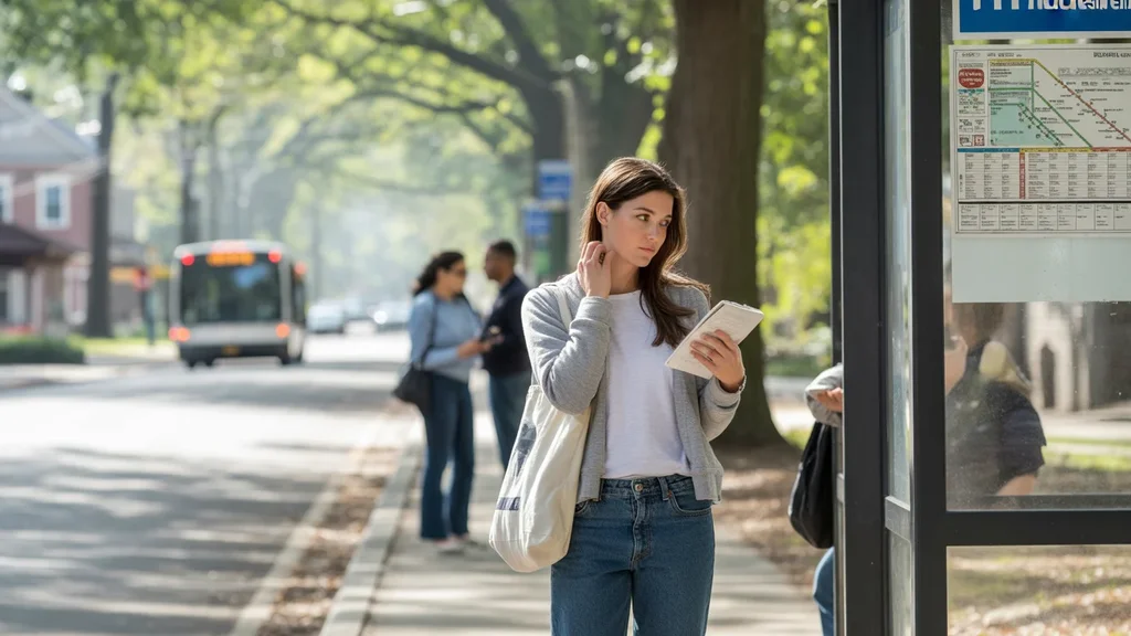 Woman checking bus schedule at transit shelter in Chapel Hill, NC