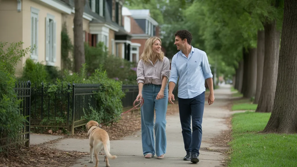 Couple walking dog on tree-lined sidewalk in Versailles, KY