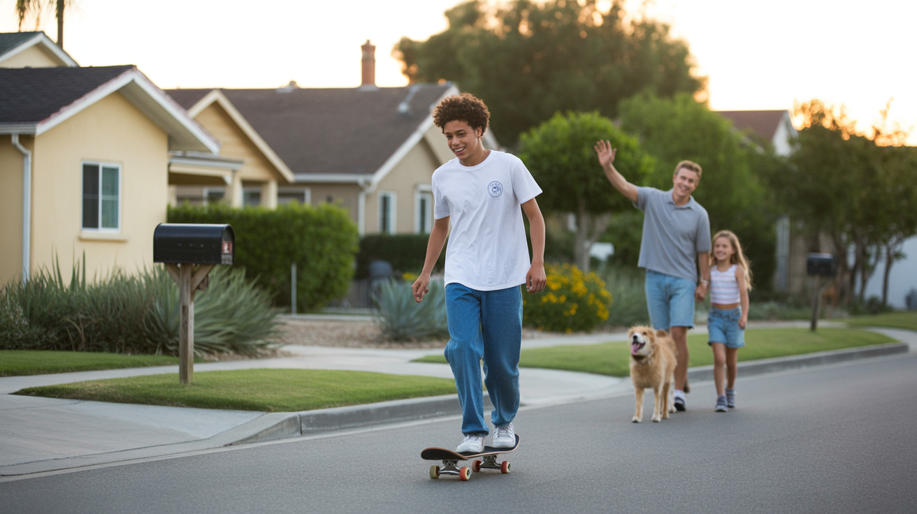 Teenage skateboarder gliding past mailboxes on a quiet suburban street in Garden Grove at sunset.