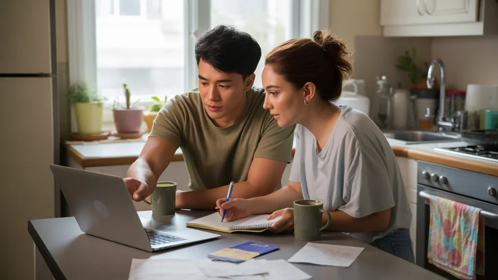 A young couple reviews their monthly budget at their kitchen table in their Anaheim apartment.