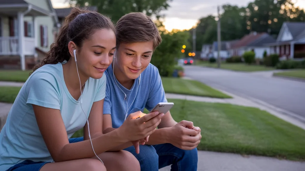 Two teenagers sharing earbuds while watching a phone together on a suburban porch at dusk