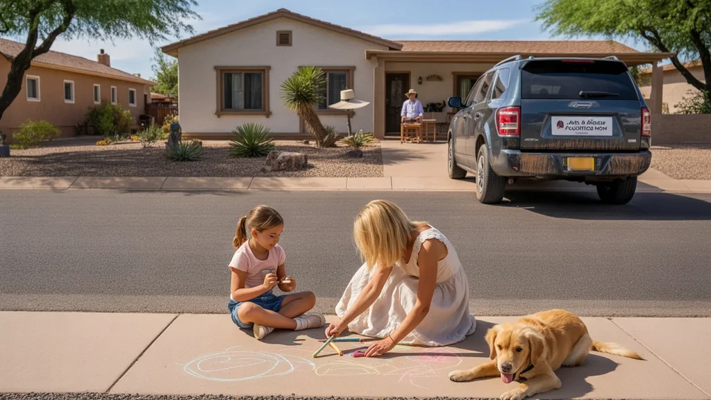 Aerial view of a mother and daughter drawing with sidewalk chalk outside their home on a quiet residential street in Apache Junction, Arizona
