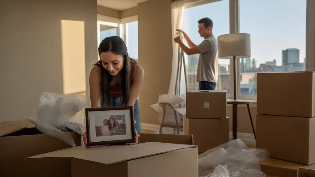 A couple unpacks moving boxes in their new Aurora apartment