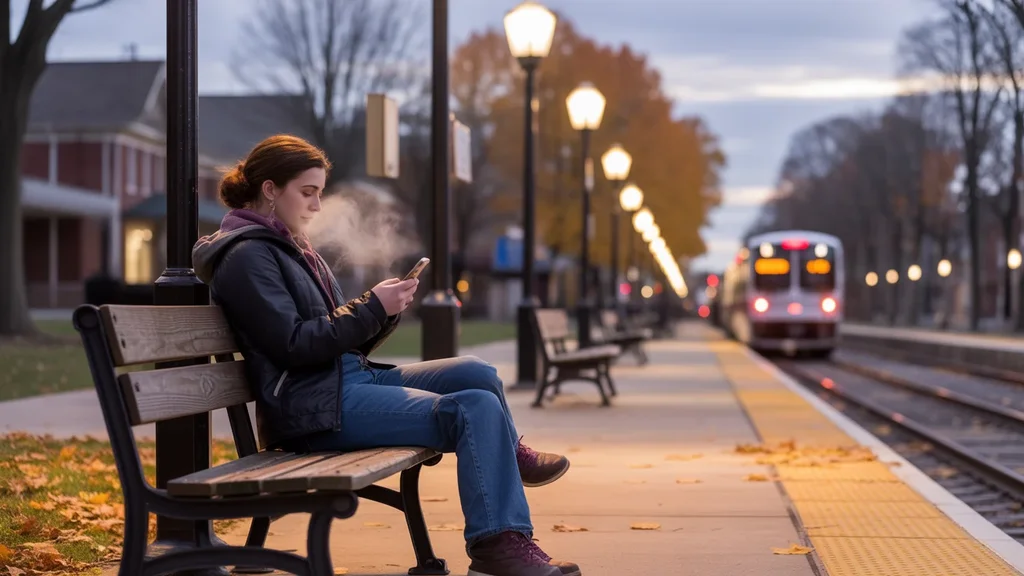 A student checks the time while waiting for a delayed Metra train on a chilly fall evening in Wheaton, IL.