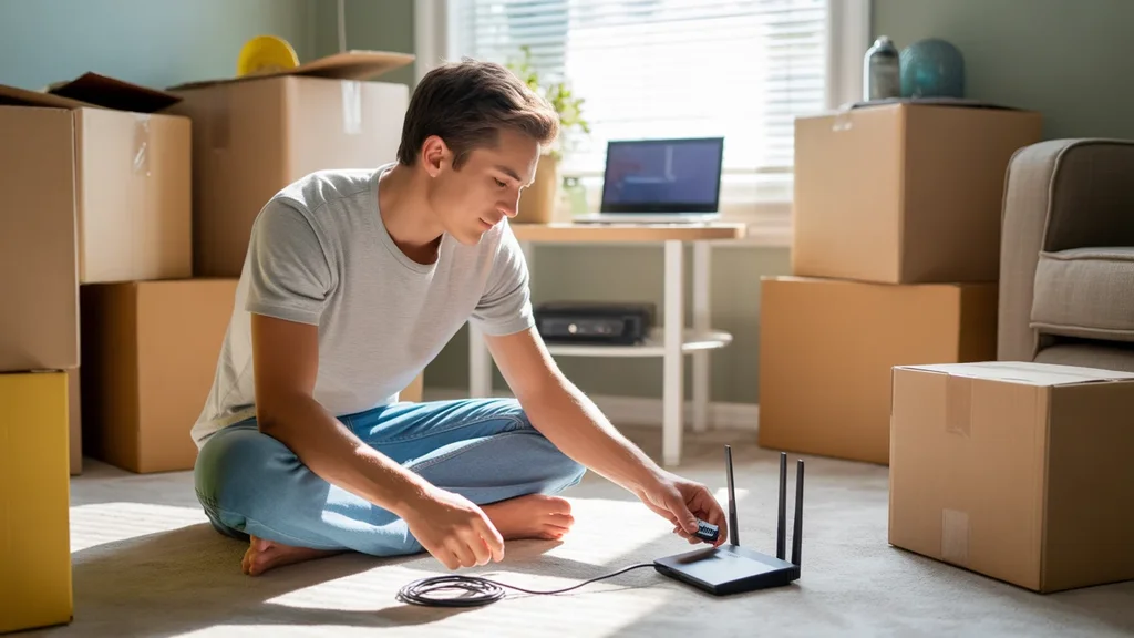 Man setting up Wi-Fi router in new Oklahoma City apartment with moving boxes