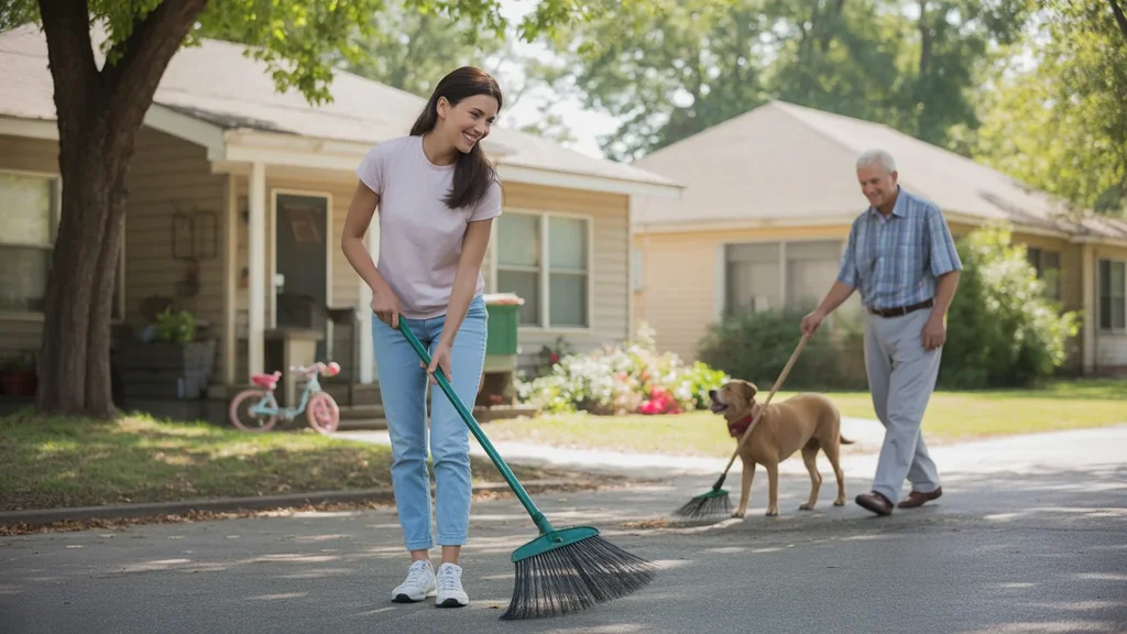 Woman sweeping driveway of duplex in Norman, Oklahoma