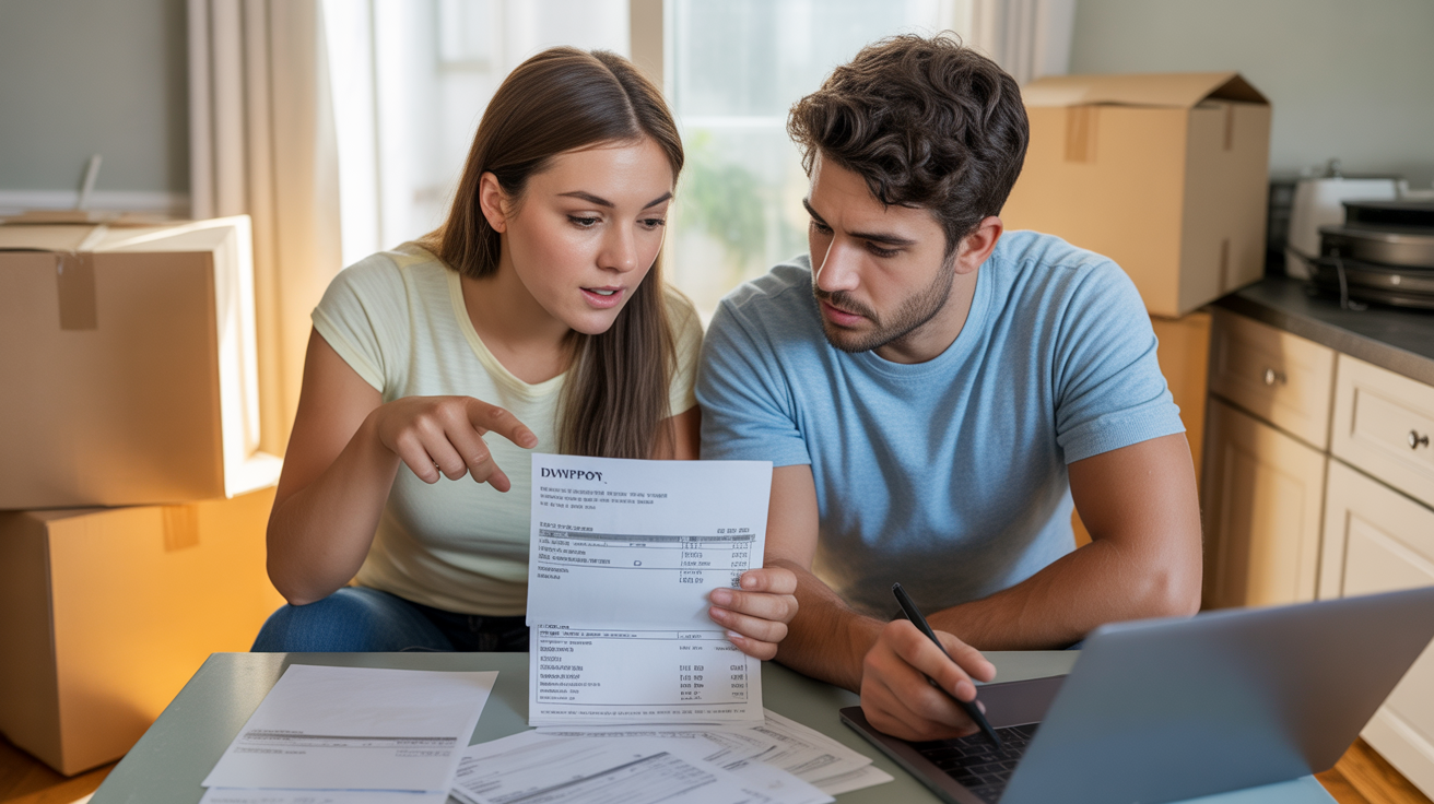 Couple reviewing utility bills and HOA fees in new Davenport home