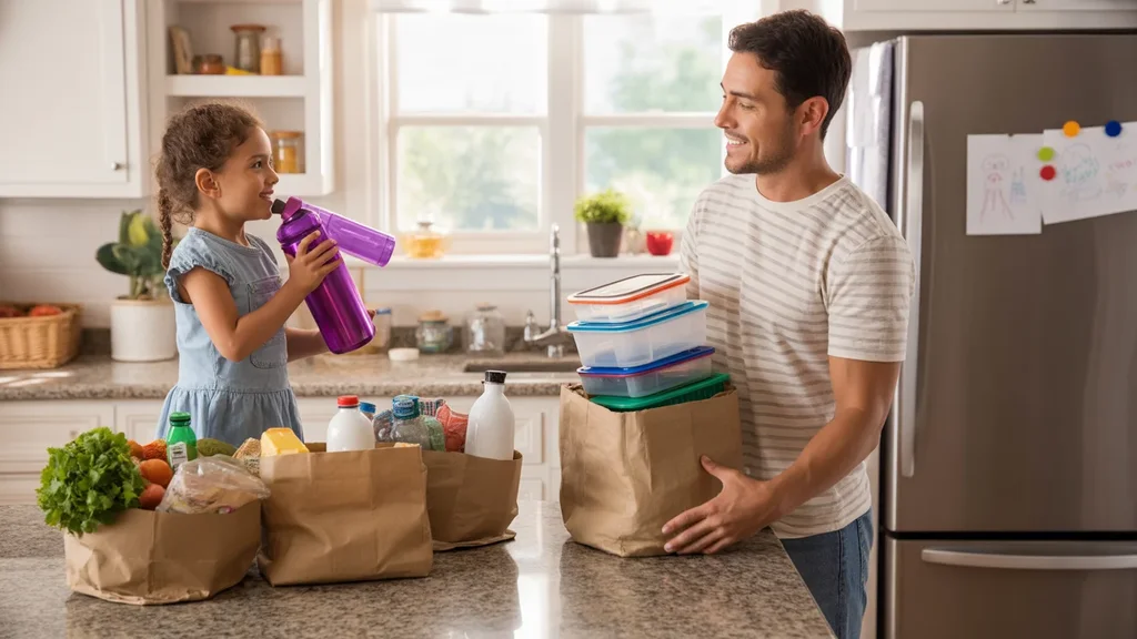 Dad and daughter putting away groceries and recycling in kitchen of Edmond home