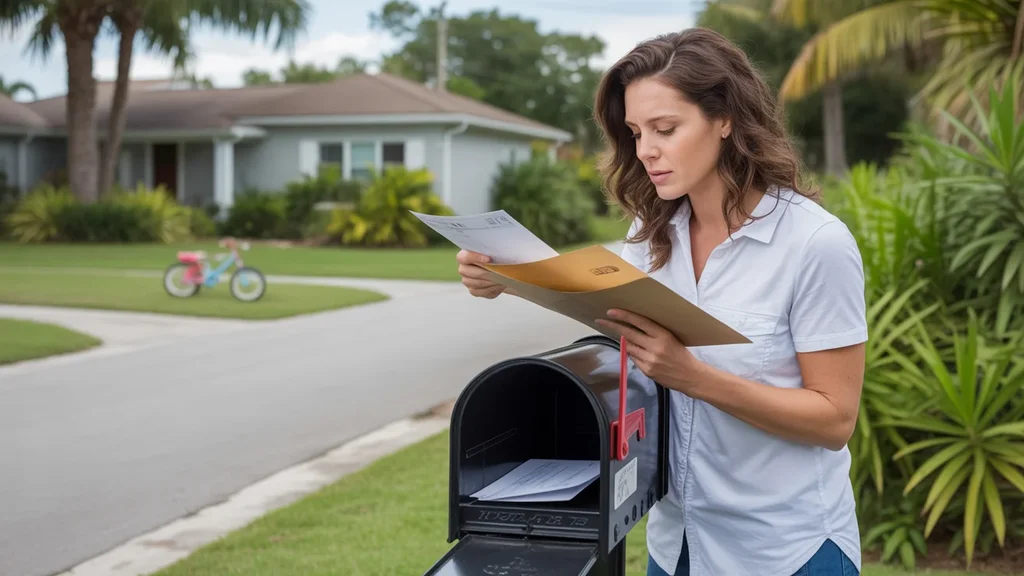 Woman checking mail outside her home in Tampa, looking concerned about bills