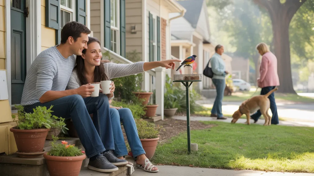 Couple drinking coffee on townhome steps in Roswell neighborhood