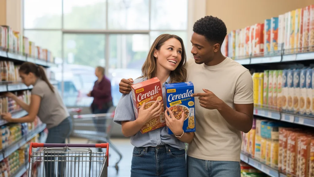 A couple compares cereal prices while grocery shopping together in Brentwood, TN