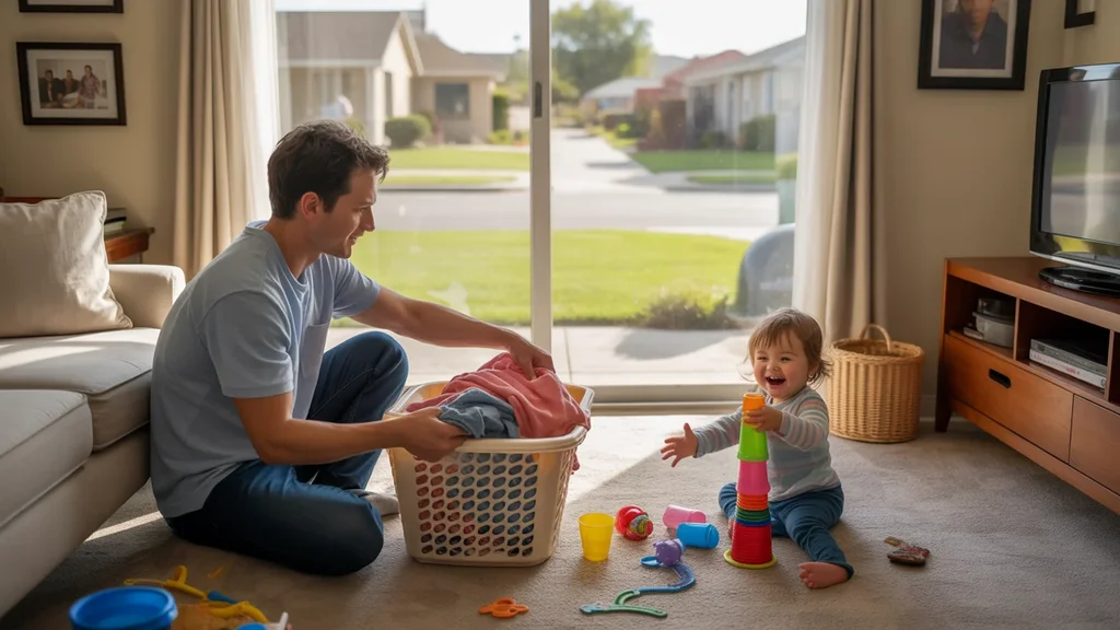 Father folding laundry while daughter plays in Henderson living room
