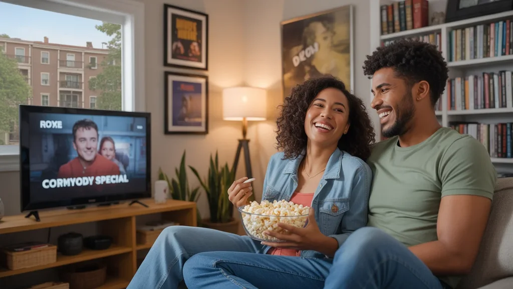 Couple streaming TV and eating popcorn on couch in cozy Monroe apartment living room