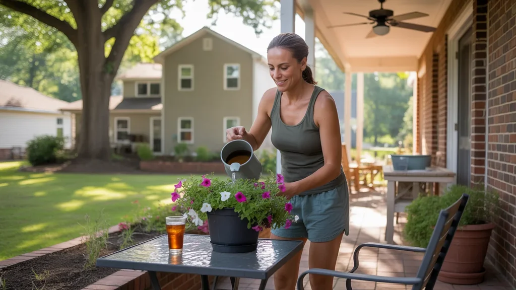 Woman waters potted plants on shaded patio outside her Marietta, GA home early on a summer morning