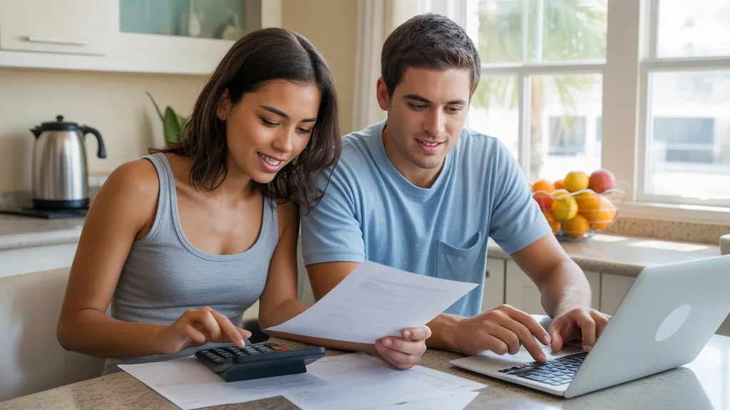 Couple reviewing monthly budget at kitchen table in Kissimmee apartment