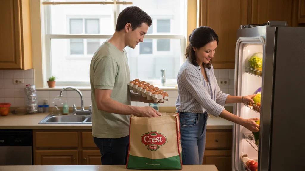 Couple unpacking groceries together in kitchen of Midwest City home
