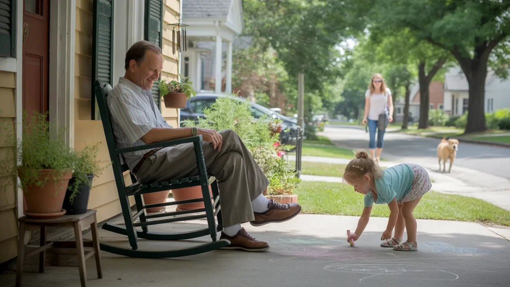 Grandfather and granddaughter enjoy a peaceful afternoon on their Georgetown front porch