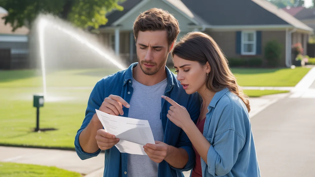A concerned young couple reviewing an unexpected charge outside their suburban home in Mt Juliet, TN