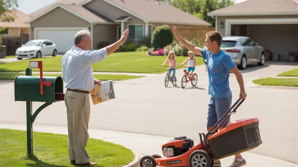 Neighbors in Highlands Ranch wave to each other while starting weekend yardwork and errands on a sunny residential street.