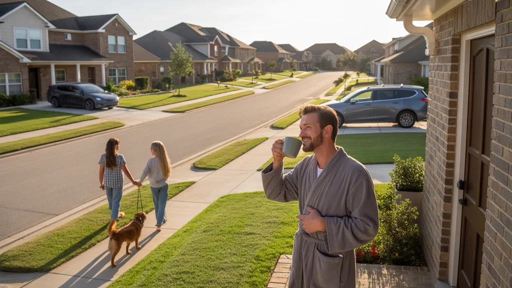Aerial view of a peaceful Pearland cul-de-sac at sunrise, with residents enjoying a quiet morning