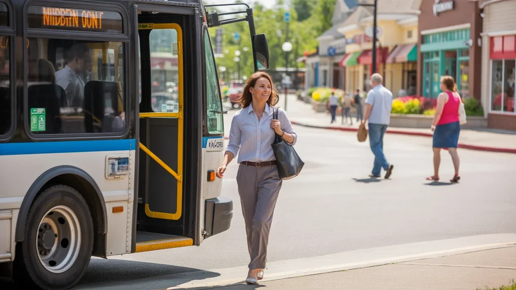 Woman exiting Middletown Metro bus in front of suburban shopping plaza