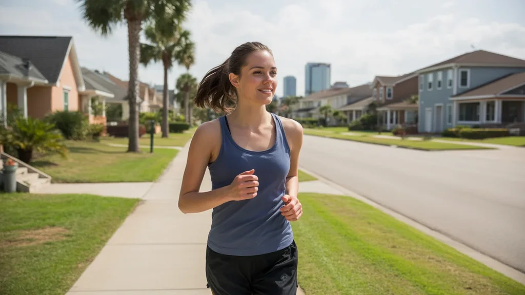 Woman jogging on residential sidewalk in Orlando, FL with city skyline in distance