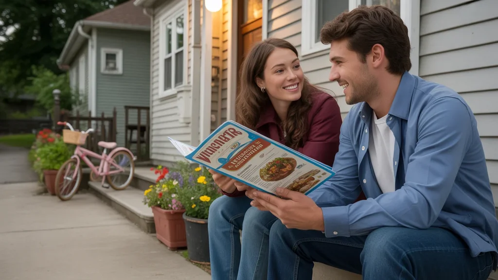 Couple reviewing take-out menus on front porch of Winchester home