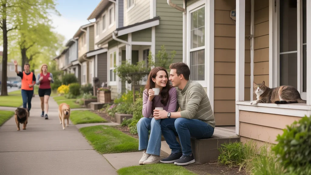 Couple drinking coffee on townhome steps in Tualatin neighborhood