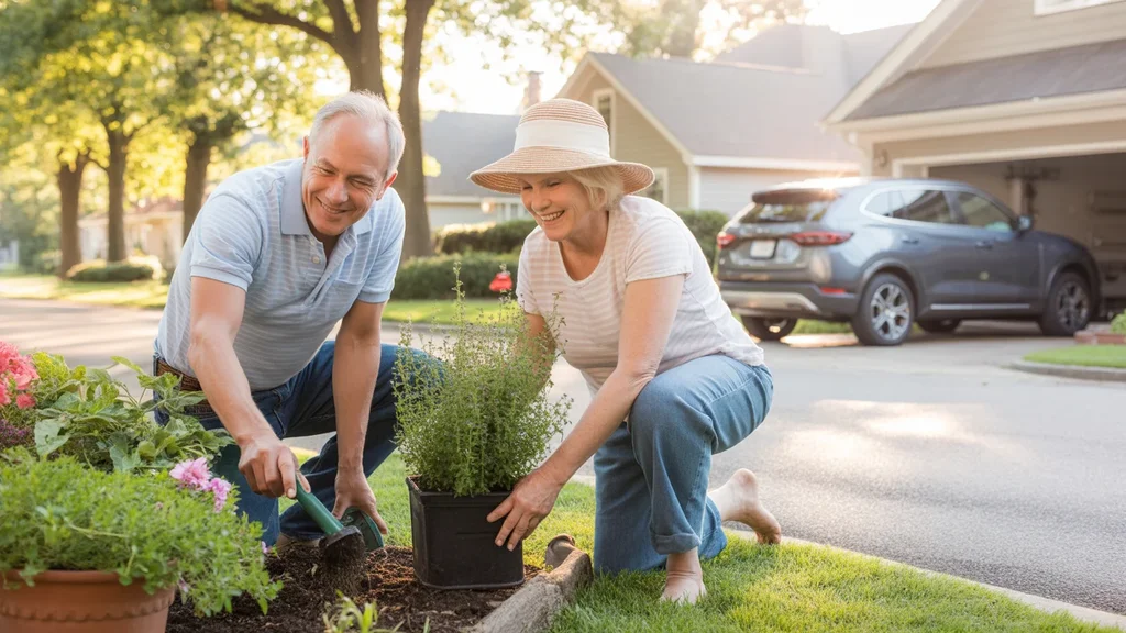 Older couple gardening together in driveway of suburban Brentwood home