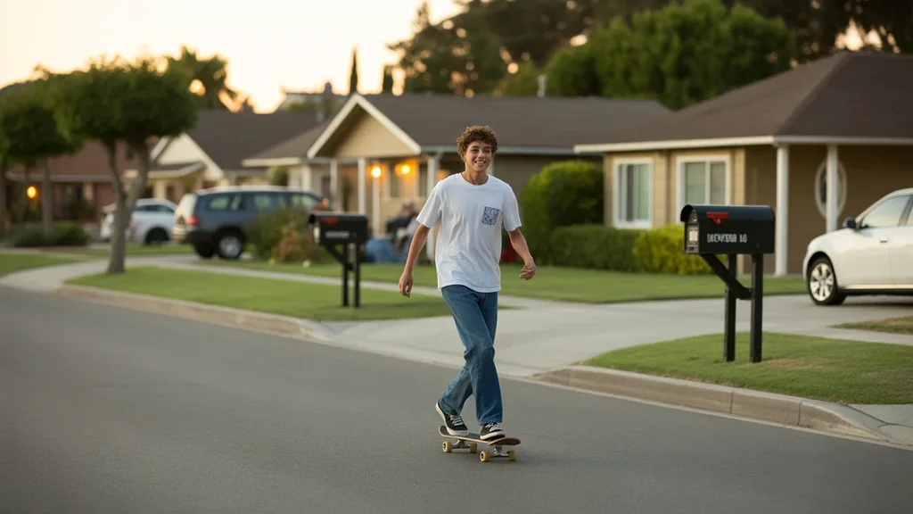 Teenager skateboarding on a peaceful suburban street in Orange, CA at sunset