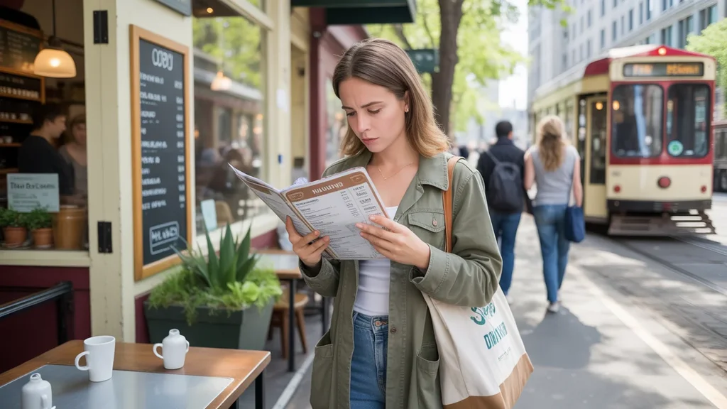 Young woman looking at prices on cafe menu board in Portland