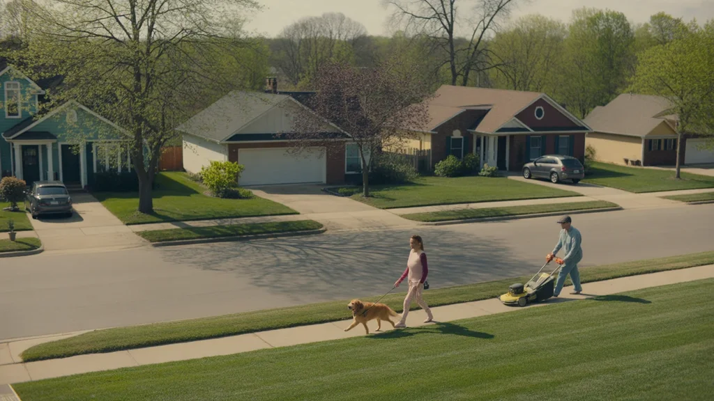 Aerial view of a peaceful cul-de-sac in Richmond, KY with a dog walker and homeowner doing yard work