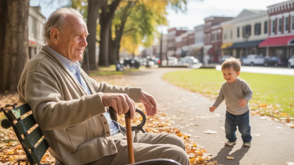 Elderly man sitting on park bench watching grandson play in Franklin, TN