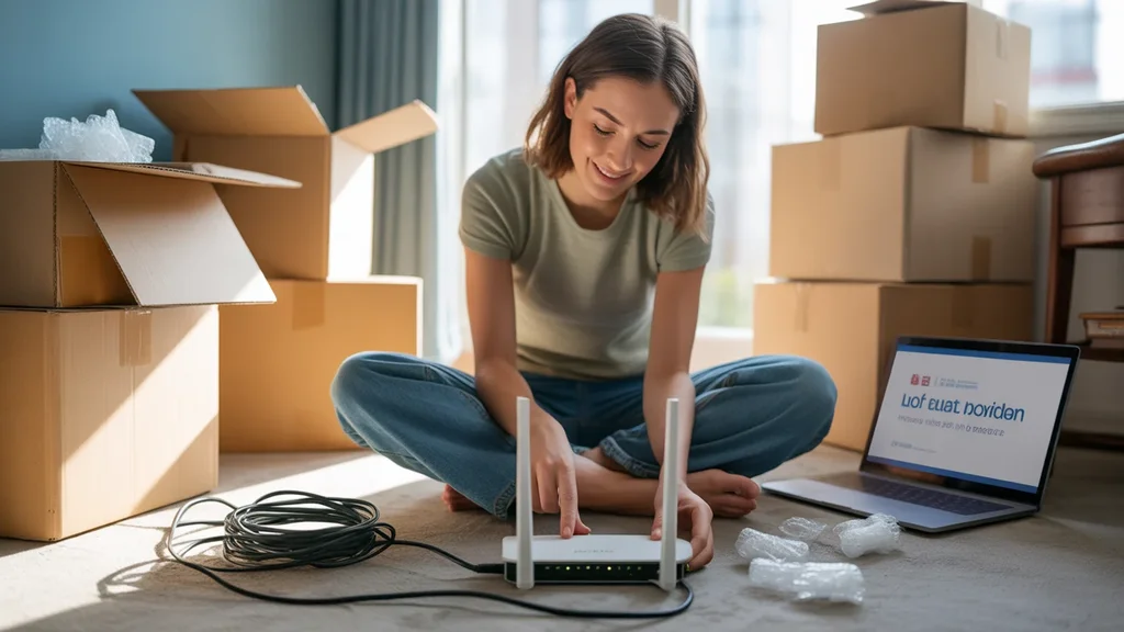 Woman setting up Wi-Fi router in new Durham apartment with moving boxes
