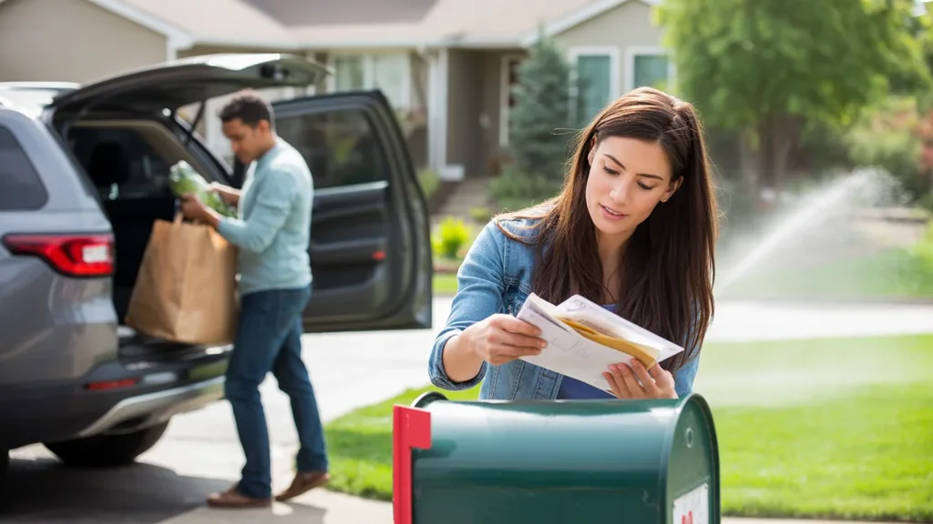 Couple unloading groceries and checking mail outside suburban home in Aurora, Colorado