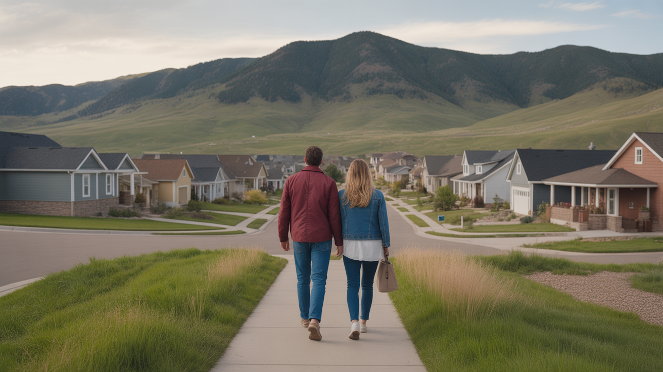 A couple strolls through a picturesque Golden, Colorado neighborhood at sunset.