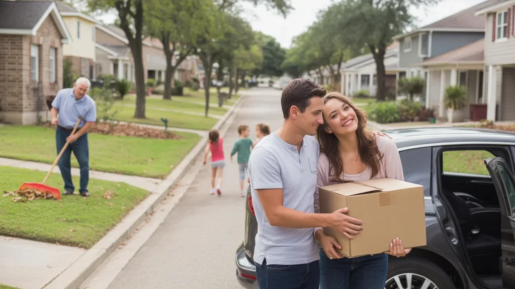 A couple unloads moving boxes in front of their new house in League City, TX