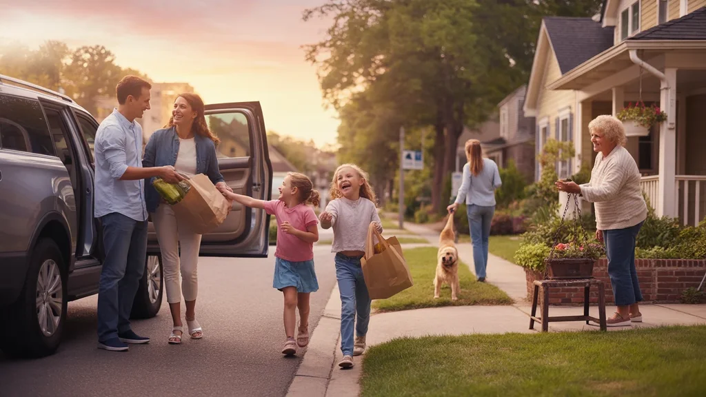 A family unloads groceries from their car in the driveway of their Smyrna home during golden hour, as a friendly neighbor waves hello.