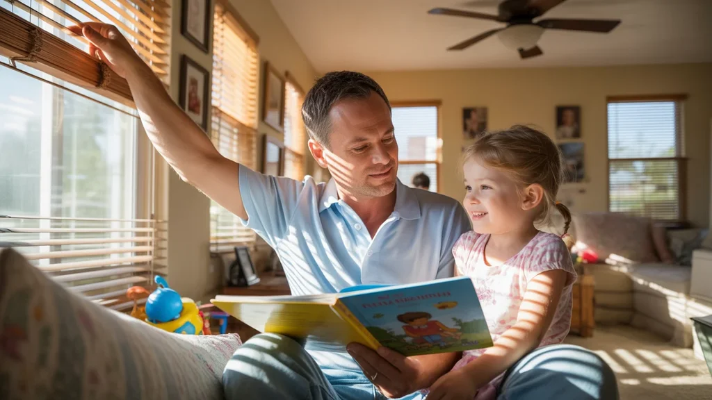 Father and daughter reading together on living room couch on summer afternoon