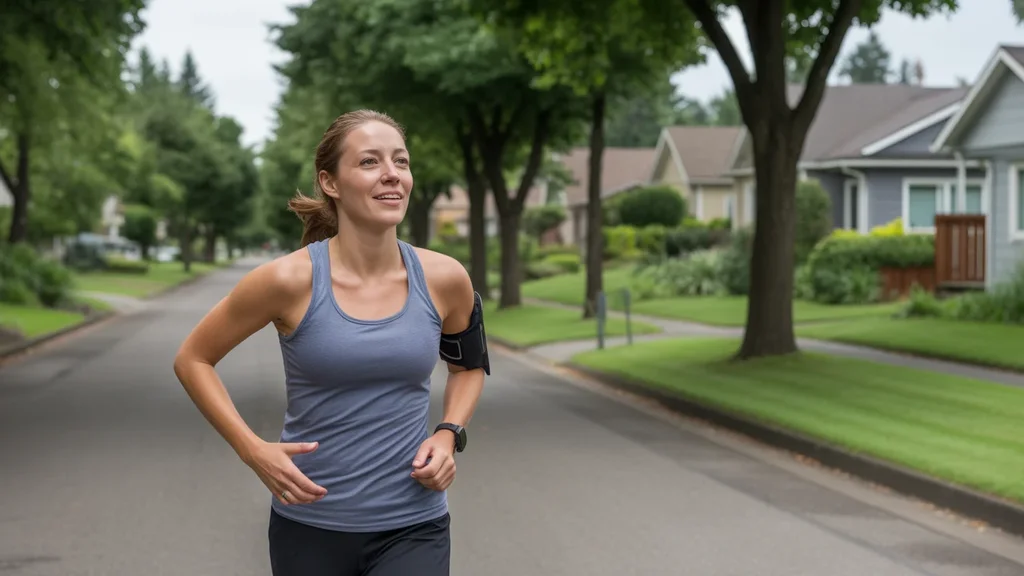 Woman jogging through a peaceful Beaverton neighborhood on a sunny morning
