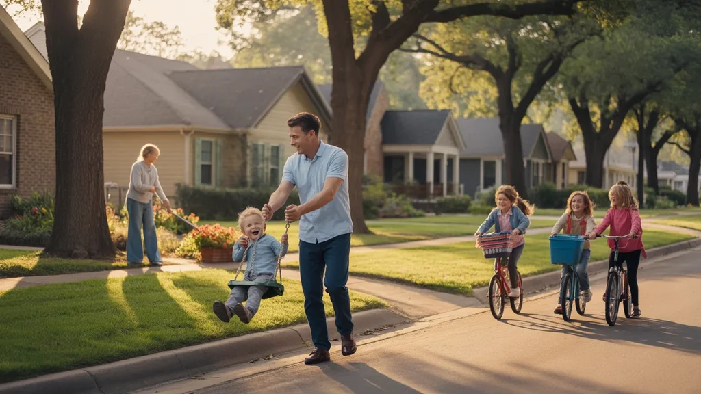 Father pushing toddler on swing in Cary cul-de-sac at golden hour, showcasing family-friendly suburban vibe