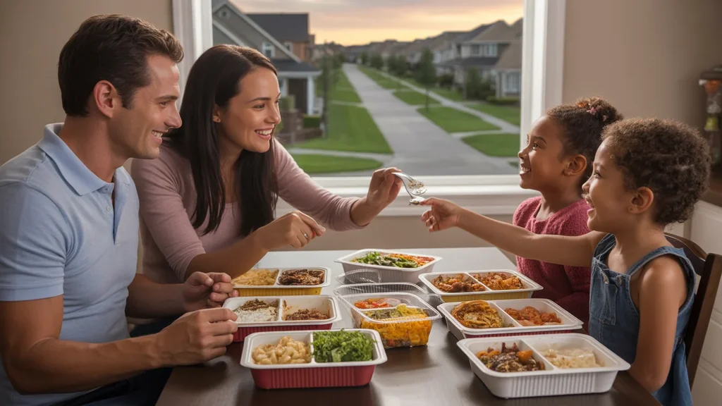 A family enjoys dinner together in their Highlands Ranch kitchen, with takeout containers on the table