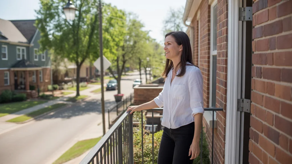 Woman standing on apartment balcony looking at neighborhood in Edmond, Oklahoma