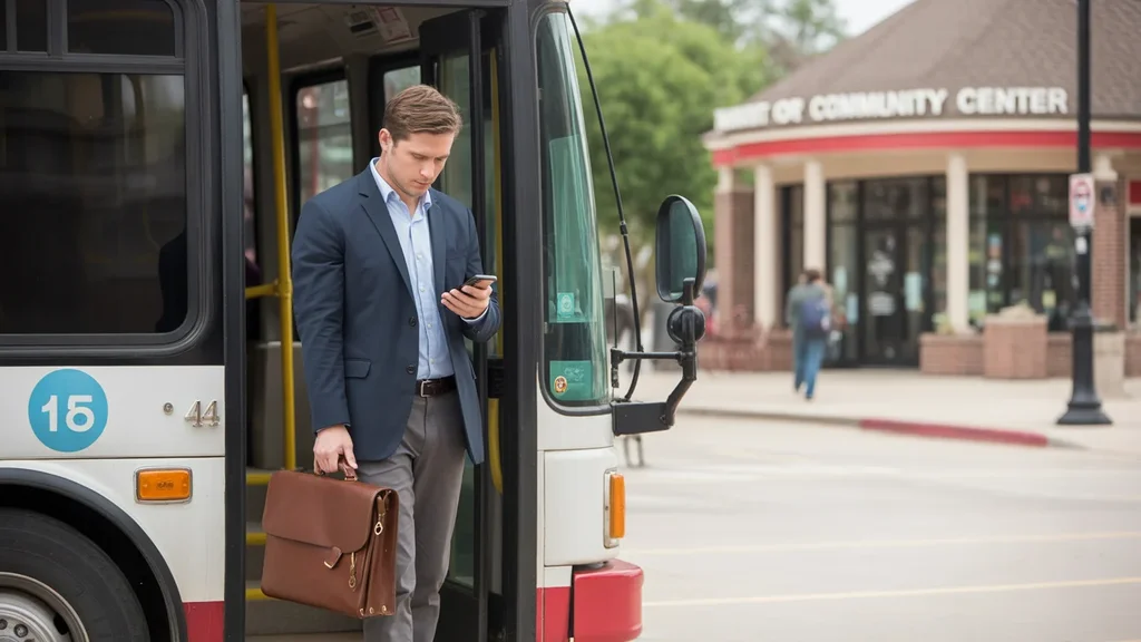Man stepping off bus with briefcase in front of community center in Midwest City, Oklahoma