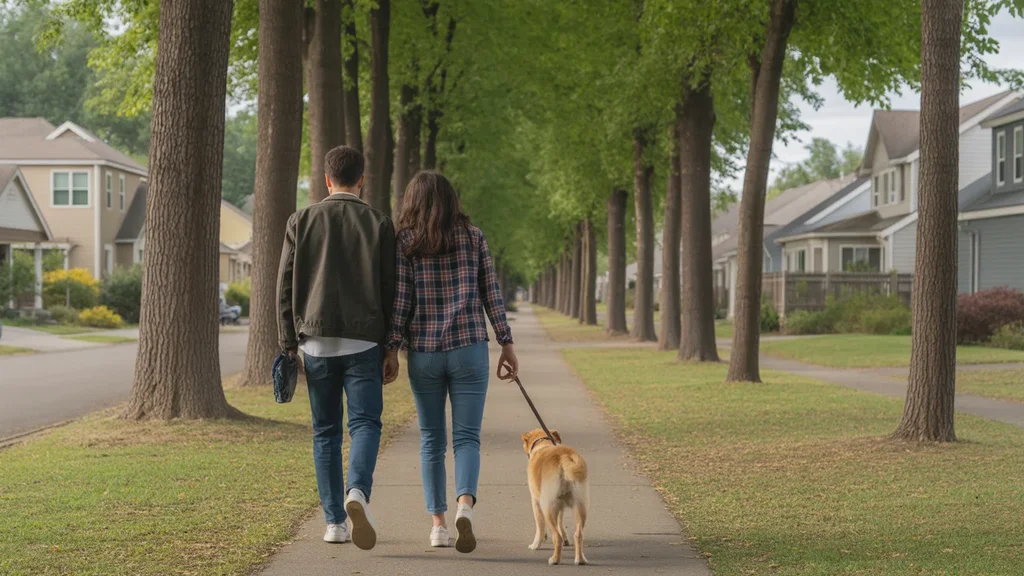 Couple walking dog through neighborhood park in Hillsboro, Oregon